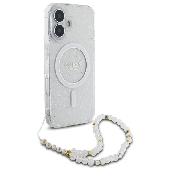 Guess IML Glitter With Pearl Strap MagSafe iPhone 16 Case - Cleareng