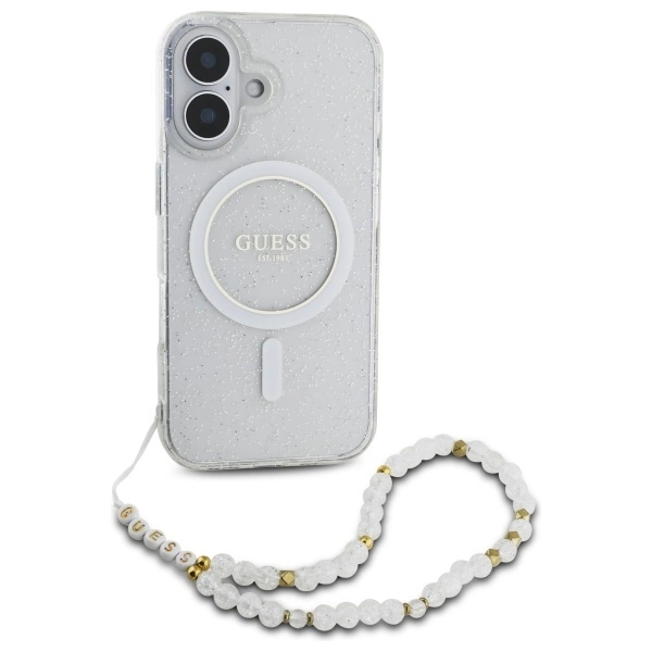 Guess IML Glitter With Pearl Strap MagSafe iPhone 16 Case - Cleareng