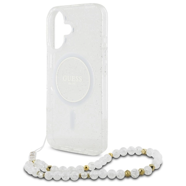 Guess IML Glitter With Pearl Strap MagSafe iPhone 16 Case - Cleareng
