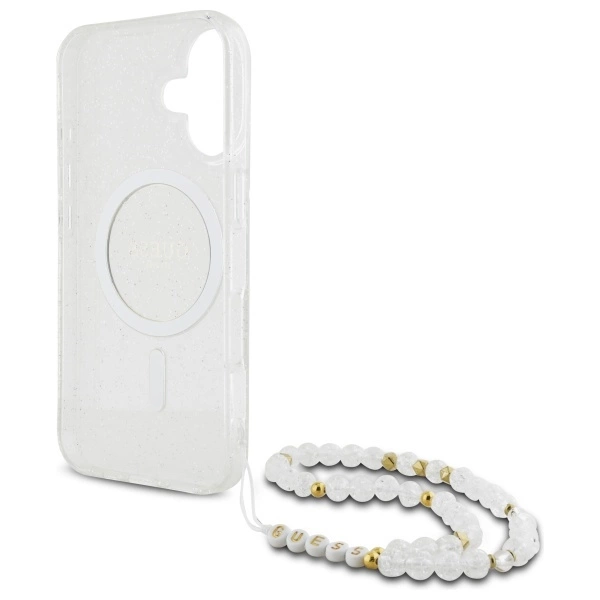 Guess IML Glitter With Pearl Strap MagSafe iPhone 16 Case - Cleareng