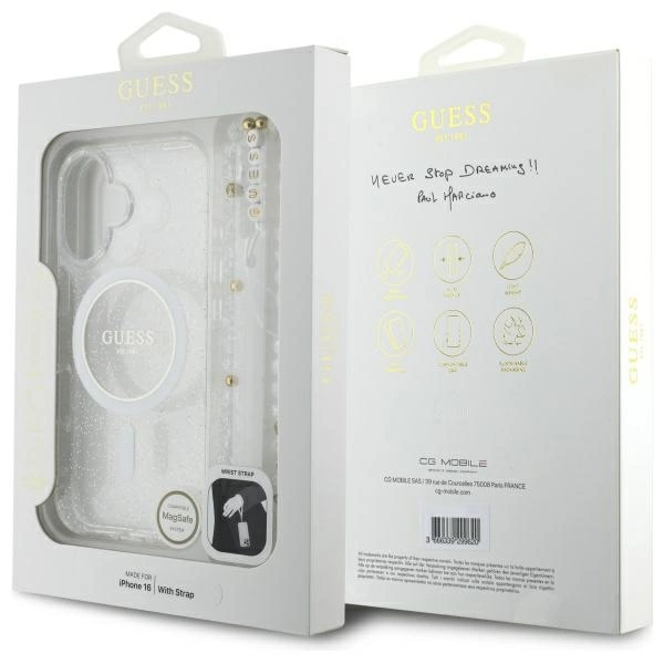 Guess IML Glitter With Pearl Strap MagSafe iPhone 16 Case - Cleareng