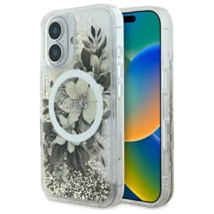 Guess Liquid Glitter Flower MagSafe iPhone 16 Case - Beigeeng
