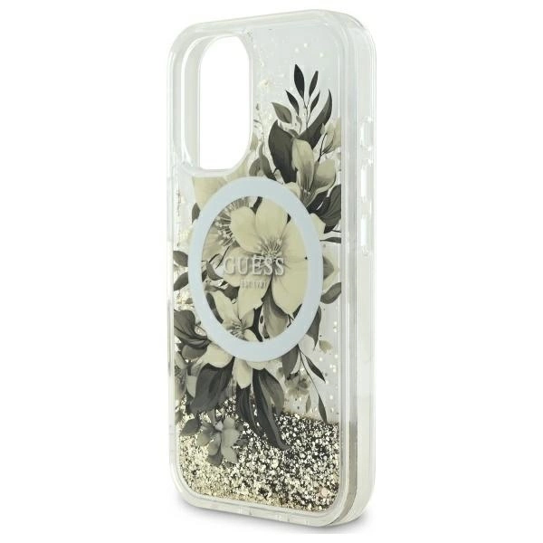 Guess Liquid Glitter Flower MagSafe iPhone 16 Case - Beigeeng