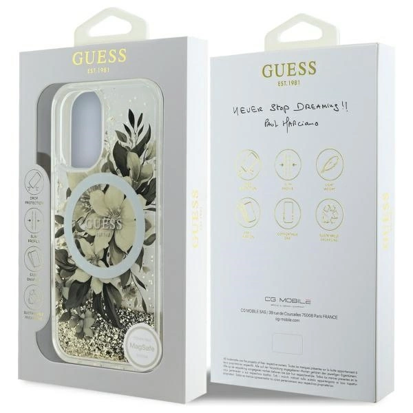 Guess Liquid Glitter Flower MagSafe iPhone 16 Case - Beigeeng