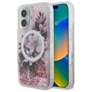 Guess Liquid Glitter Flower MagSafe iPhone 16 Case - Pinkeng