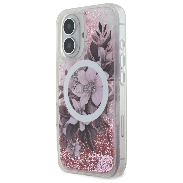 Guess Liquid Glitter Flower MagSafe iPhone 16 Case - Pinkeng