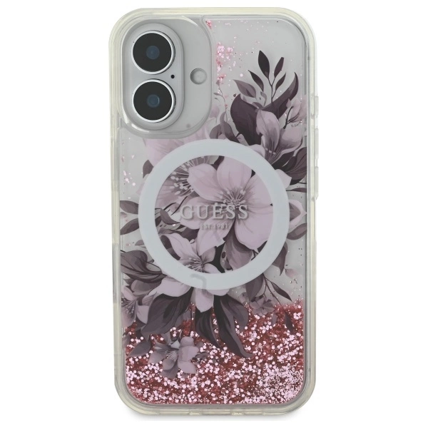 Guess Liquid Glitter Flower MagSafe iPhone 16 Case - Pinkeng