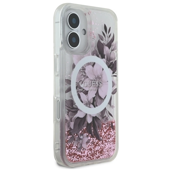 Guess Liquid Glitter Flower MagSafe iPhone 16 Case - Pinkeng