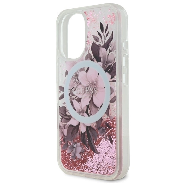 Guess Liquid Glitter Flower MagSafe iPhone 16 Case - Pinkeng
