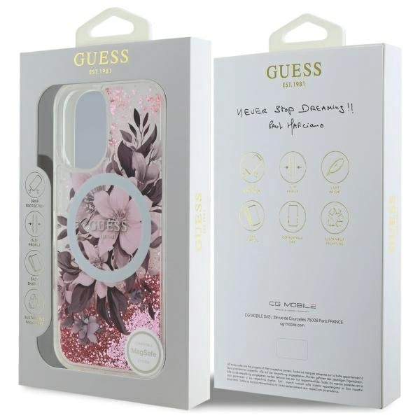 Guess Liquid Glitter Flower MagSafe iPhone 16 Case - Pinkeng