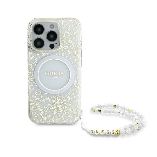 Guess IML Flowers Allover Electro With Pearl Strap MagSafe case for iPhone 16 Pro Max - whiteeng