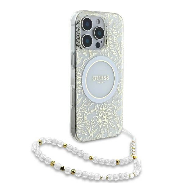 Guess IML Flowers Allover Electro With Pearl Strap MagSafe case for iPhone 16 Pro Max - whiteeng
