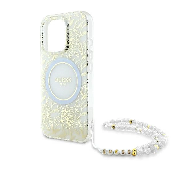 Guess IML Flowers Allover Electro With Pearl Strap MagSafe case for iPhone 16 Pro Max - whiteeng