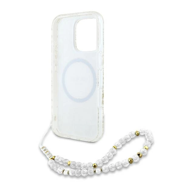 Guess IML Flowers Allover Electro With Pearl Strap MagSafe case for iPhone 16 Pro Max - whiteeng
