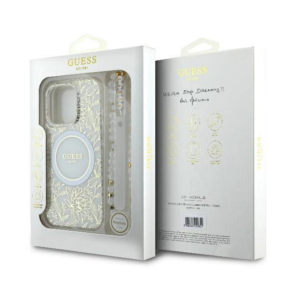 Guess IML Flowers Allover Electro With Pearl Strap MagSafe case for iPhone 16 Pro Max - whiteeng