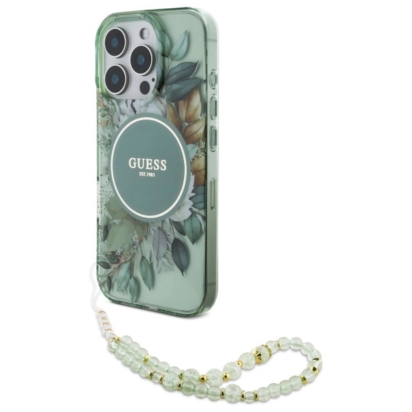 Guess IML Flowers With Pearl Strap MagSafe case for iPhone 16 Pro Max - greeneng
