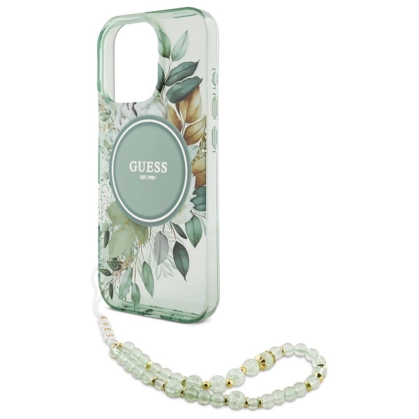 Guess IML Flowers With Pearl Strap MagSafe case for iPhone 16 Pro Max - greeneng