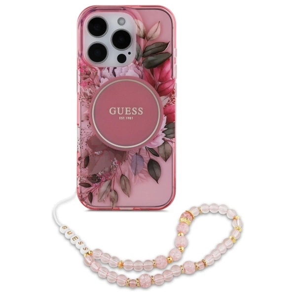 Guess IML Flowers With Pearl Strap MagSafe iPhone 16 Pro Max Case - Pinkeng