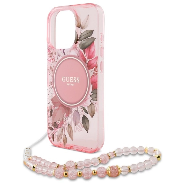 Guess IML Flowers With Pearl Strap MagSafe iPhone 16 Pro Max Case - Pinkeng