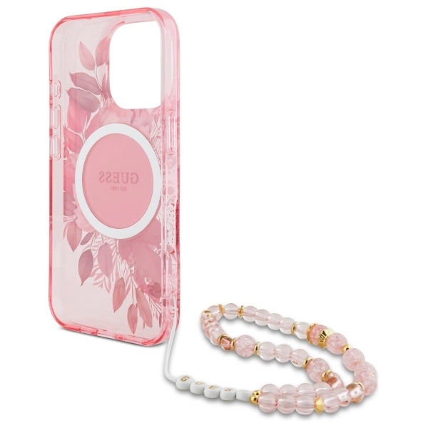 Guess IML Flowers With Pearl Strap MagSafe iPhone 16 Pro Max Case - Pinkeng