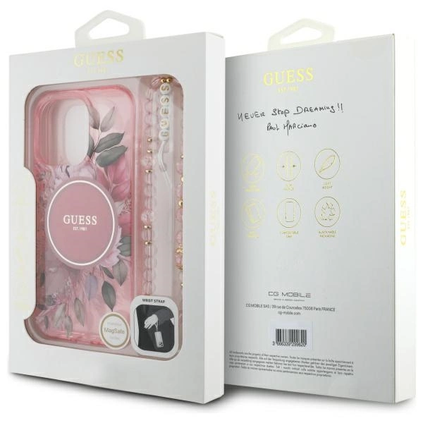 Guess IML Flowers With Pearl Strap MagSafe iPhone 16 Pro Max Case - Pinkeng