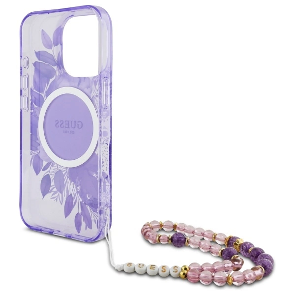 Guess IML Flowers With Pearl Strap MagSafe case for iPhone 16 Pro Max - purpleeng