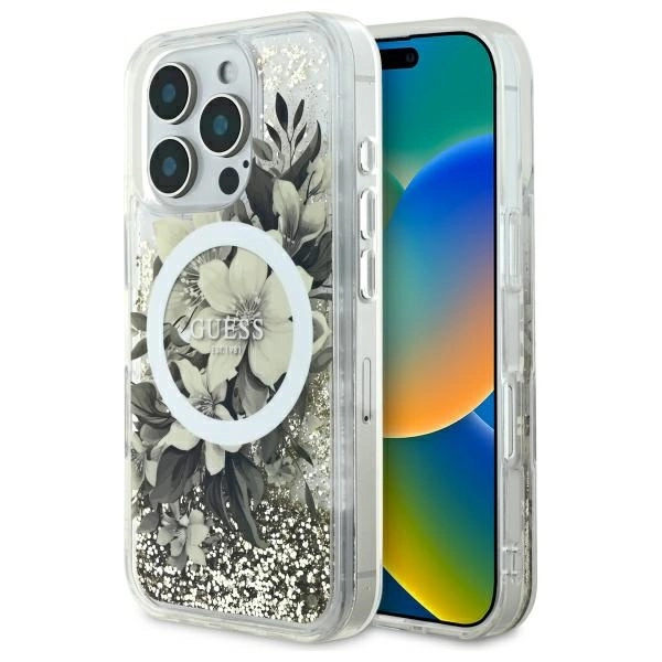 Guess Liquid Glitter Flower MagSafe iPhone 16 Pro Max Case - Beigeeng