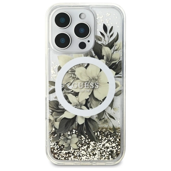 Guess Liquid Glitter Flower MagSafe iPhone 16 Pro Max Case - Beigeeng