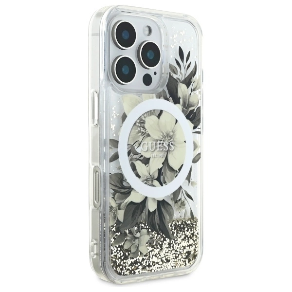 Guess Liquid Glitter Flower MagSafe iPhone 16 Pro Max Case - Beigeeng
