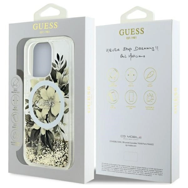 Guess Liquid Glitter Flower MagSafe iPhone 16 Pro Max Case - Beigeeng