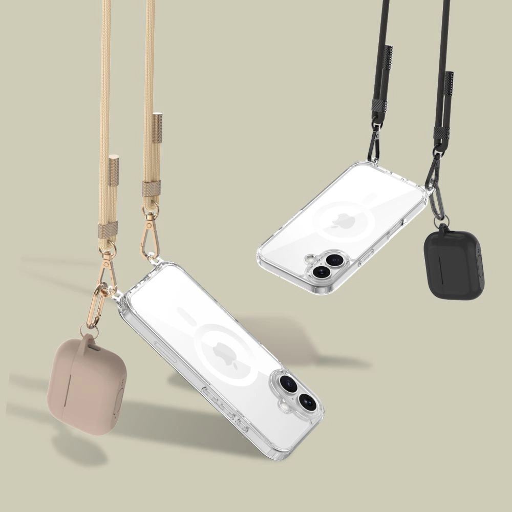 Tech-Protect FlexAir Chain MagSafe iPhone 16 Case - Clear + 2 Lanyards (Black & Taupe)eng