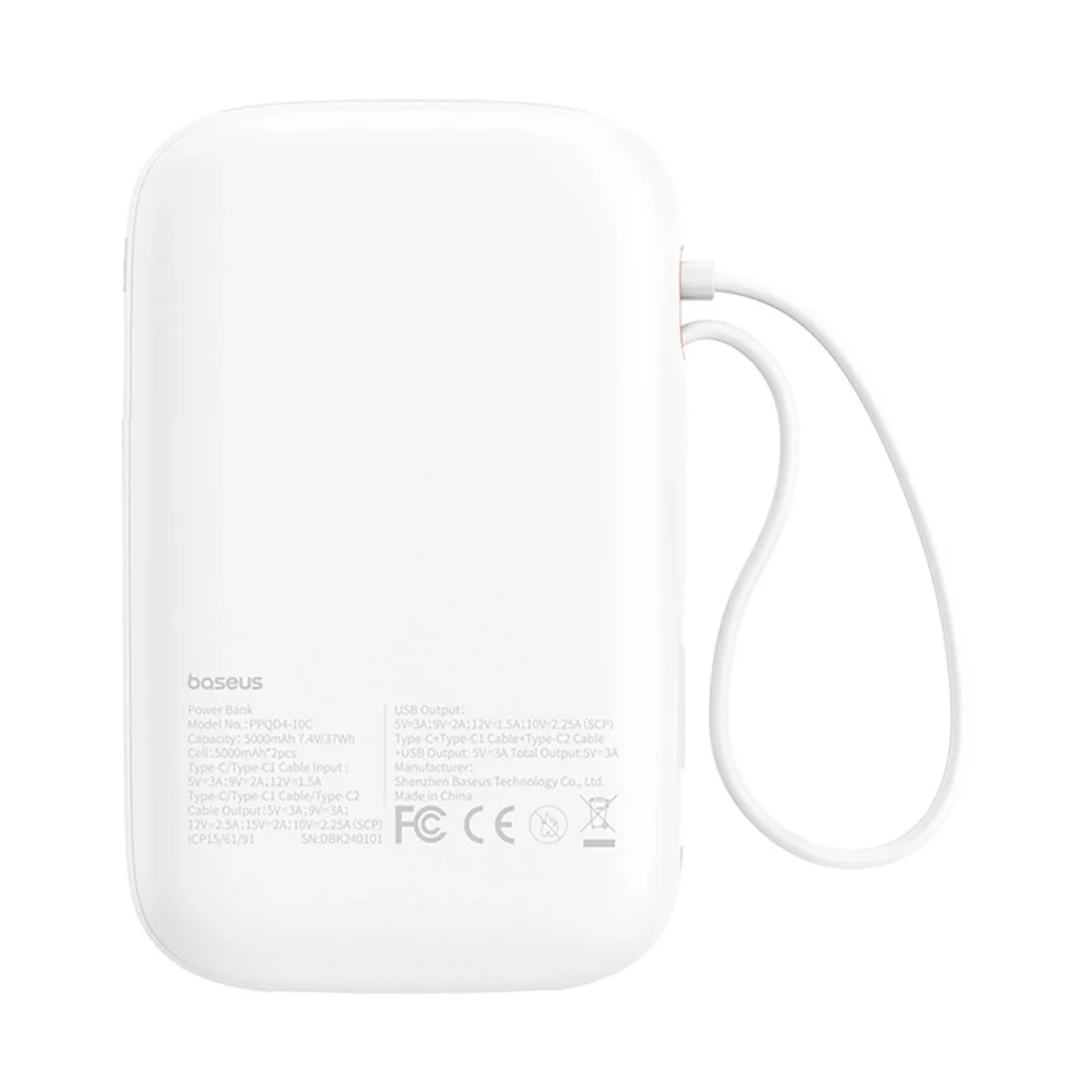 Baseus QPow 2 30W 10000mAh Power Bank with Built-in USB-C Cables - Whiteeng