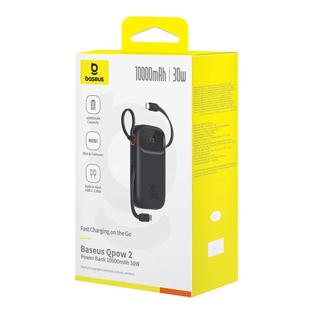 Baseus QPow 2 30W 10000mAh Power Bank with Built-in USB-C Cables - Blackeng