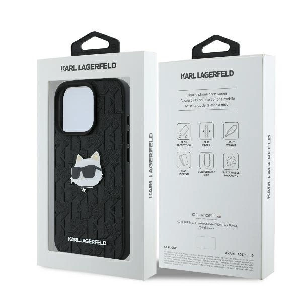 Karl Lagerfeld Monogram Choupette Head Pin iPhone 16 Pro Case - Blackeng