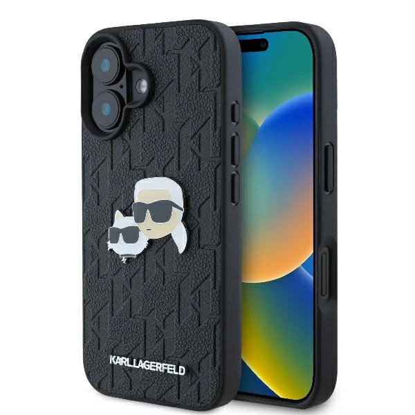 Karl Lagerfeld Monogram Karl & Choupette Head Pin iPhone 16 Plus Case - Blackeng