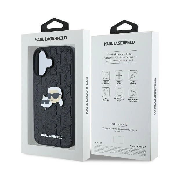 Karl Lagerfeld Monogram Karl & Choupette Head Pin iPhone 16 Plus Case - Blackeng
