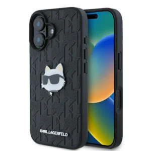Karl Lagerfeld Monogram Choupette Head Pin iPhone 16 Case - Blackeng