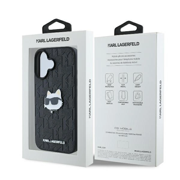 Karl Lagerfeld Monogram Choupette Head Pin iPhone 16 Case - Blackeng
