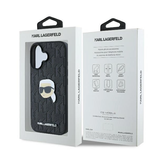 Karl Lagerfeld Monogram Karl Head Pin iPhone 16 Case - Blackeng
