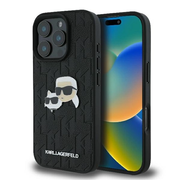Karl Lagerfeld Monogram Karl & Choupette Head Pin Case for iPhone 16 Pro Max - Blackeng