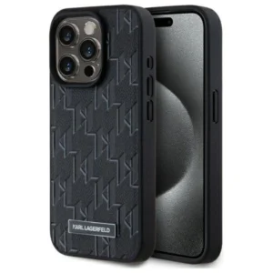 Karl Lagerfeld Leather Monogram Metal Logo MagSafe iPhone 15 Pro Case - Blackeng