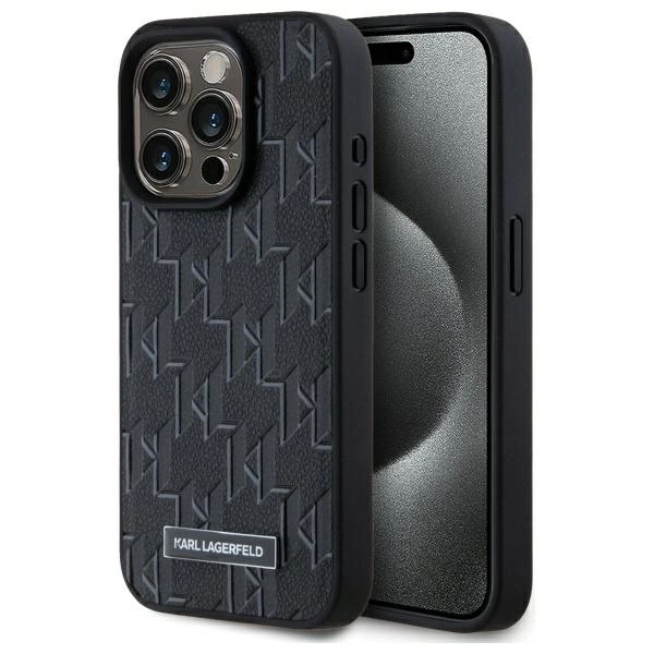Karl Lagerfeld Leather Monogram Metal Logo MagSafe iPhone 15 Pro Case - Blackeng
