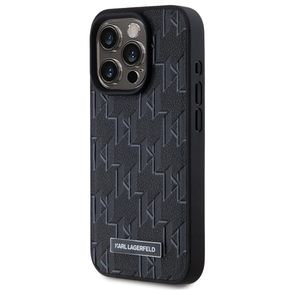 Karl Lagerfeld Leather Monogram Metal Logo MagSafe iPhone 15 Pro Case - Blackeng