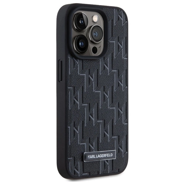 Karl Lagerfeld Leather Monogram Metal Logo MagSafe iPhone 15 Pro Case - Blackeng