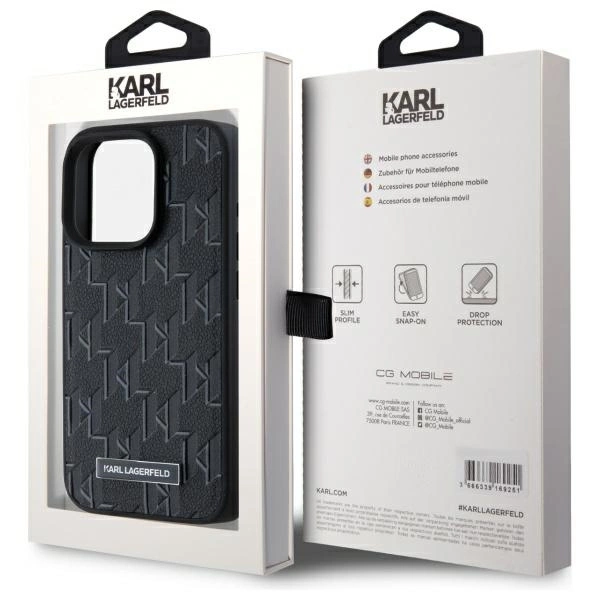 Karl Lagerfeld Leather Monogram Metal Logo MagSafe iPhone 15 Pro Case - Blackeng