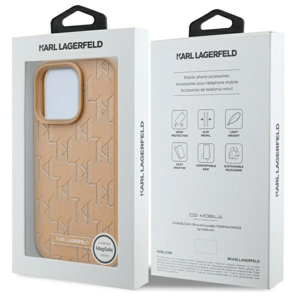 Karl Lagerfeld Leather Monogram Metal Logo MagSafe iPhone 16 Pro Case - Beigeeng
