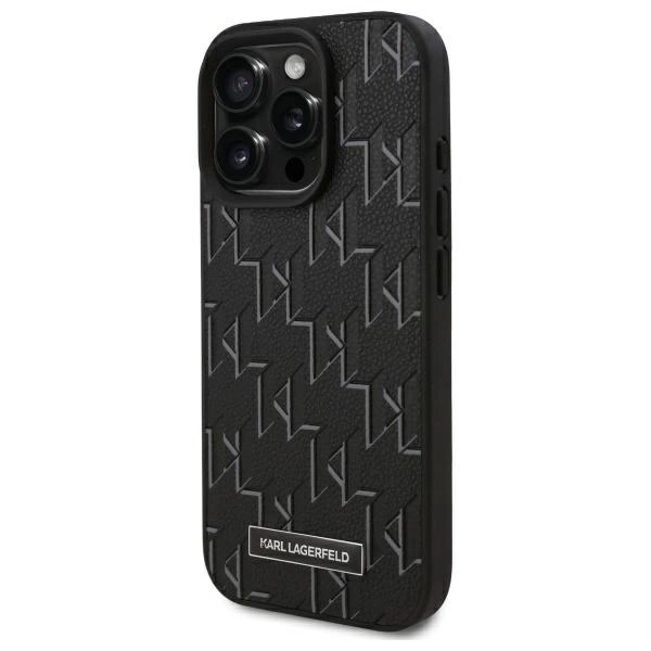 Karl Lagerfeld Leather Monogram Metal Logo MagSafe iPhone 16 Pro Case - Blackeng