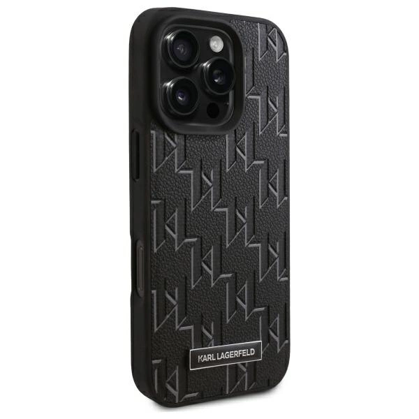 Karl Lagerfeld Leather Monogram Metal Logo MagSafe iPhone 16 Pro Case - Blackeng