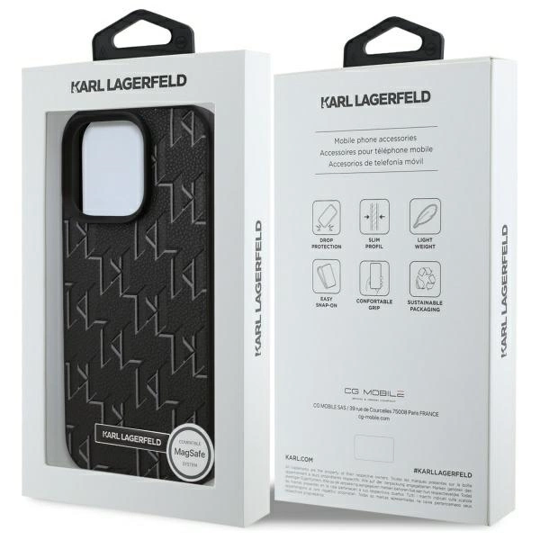 Karl Lagerfeld Leather Monogram Metal Logo MagSafe iPhone 16 Pro Case - Blackeng