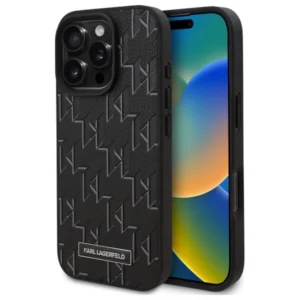 Karl Lagerfeld Leather Monogram Metal Logo MagSafe Case for iPhone 16 Pro Max - Blackeng